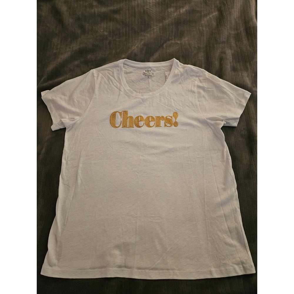 J.Crew Collector Tee White Gold Glitter Cheers Graphic T-Shirt Large NEW - Picture 1 of 8